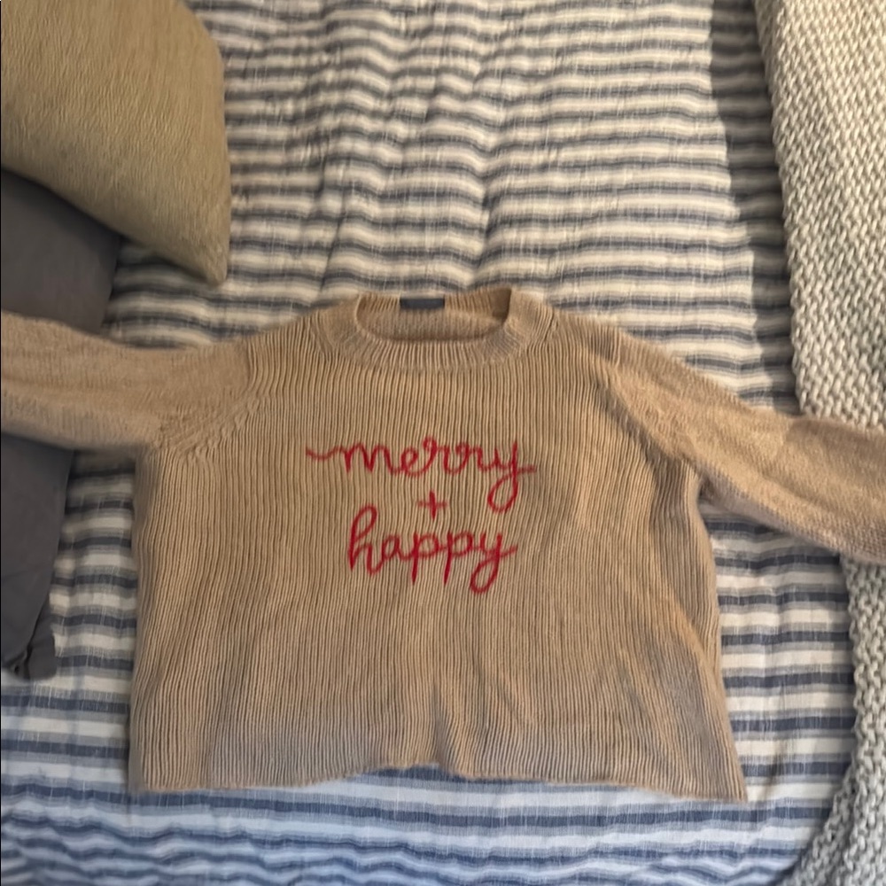 Wooden Ships Tan Sweater with Red 'Merry & Happy' Embroidery